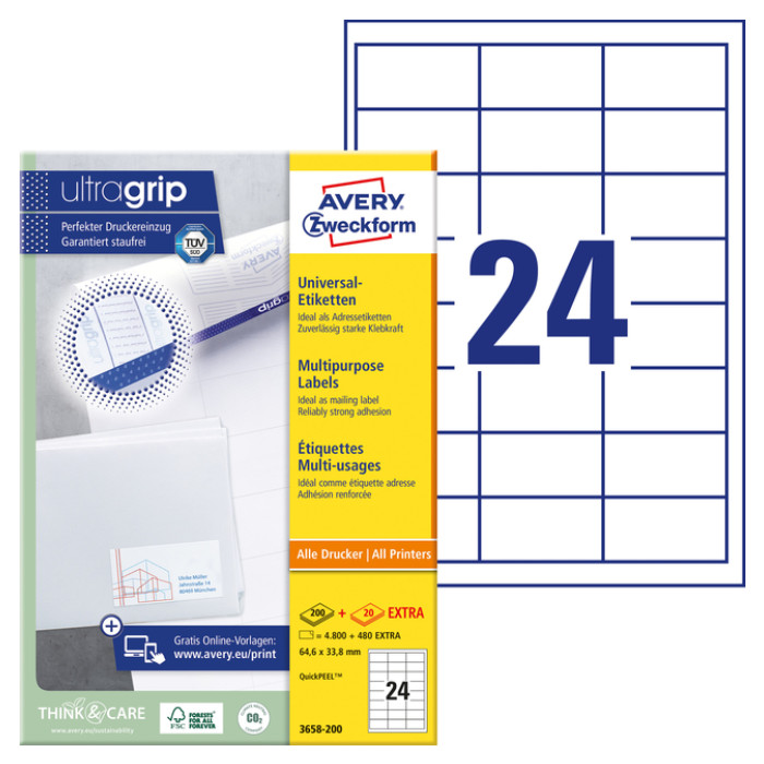 Etiket Avery 3658 64.6x33.8mm wit 4800 stuks