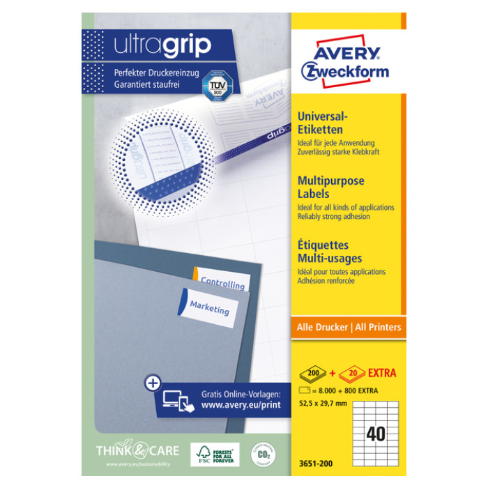 Etiket Avery 3651-200 52.5x29.7mm wit 8000 stuks
