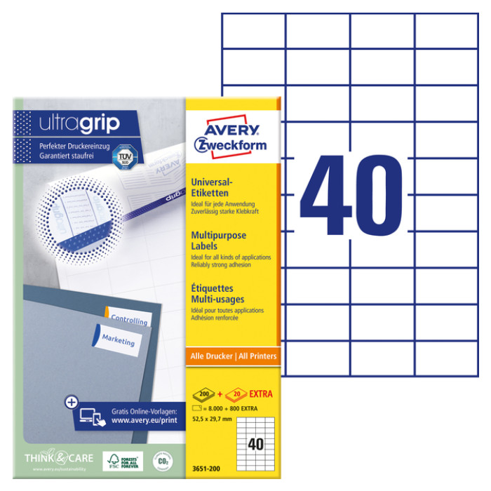 Etiket Avery 3651-200 52.5x29.7mm wit 8000 stuks