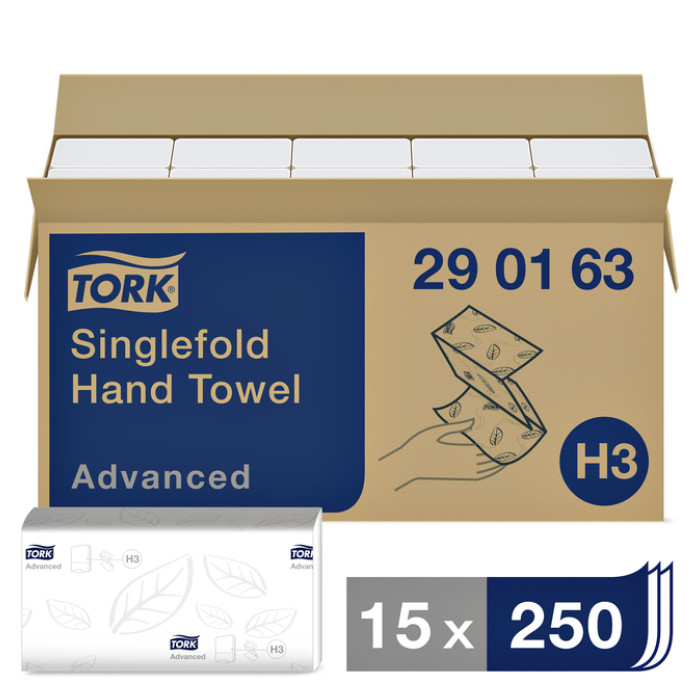 Handdoek Tork H3 Advanced singlefold 2-laags 248x230mm 15x250 vel wit 290163