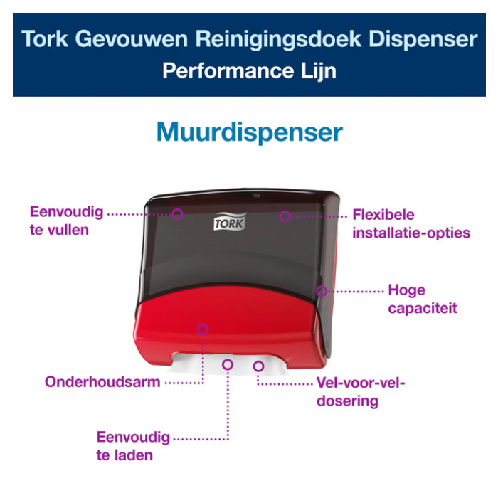 Reinigingsdoekdispenser Tork W4 Performance gevouwen rood 654008