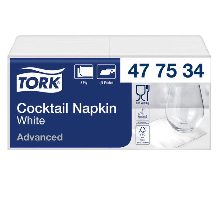 Cocktailservet Tork Advanced 1/4 vouw 2-laags 238x238mm 200 vel wit 477534