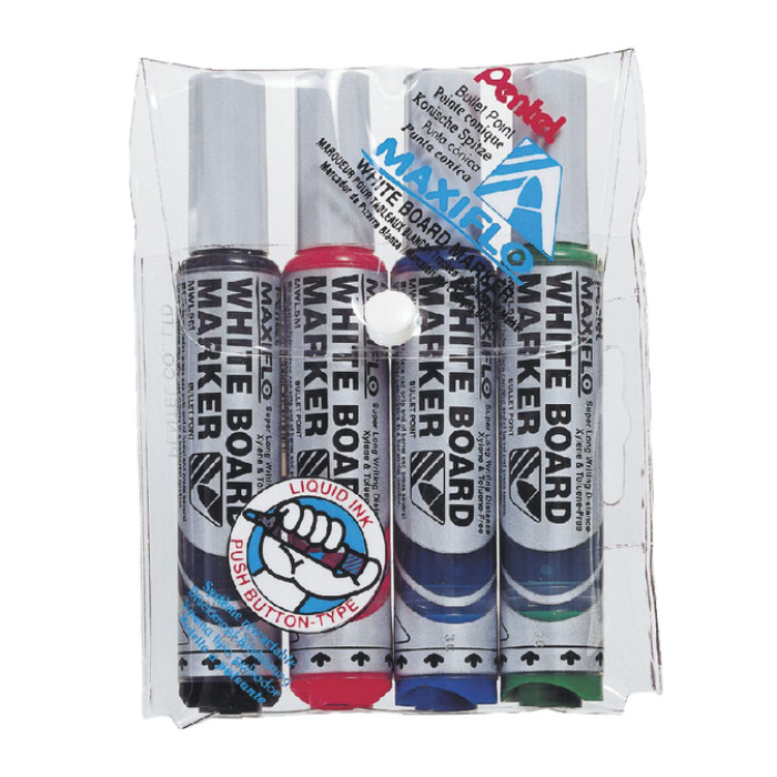 Whiteboardmarker Pentel MWL5M Maxiflo rond 3mm assorti set à 4 stuks