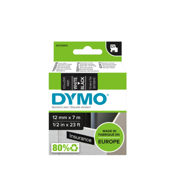 Labeltape Dymo LabelManager D1 polyester 12mmx7m wit op zwart