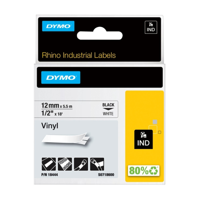 Labeltape Dymo Rhino industrieel vinyl 12mm zwart op wit