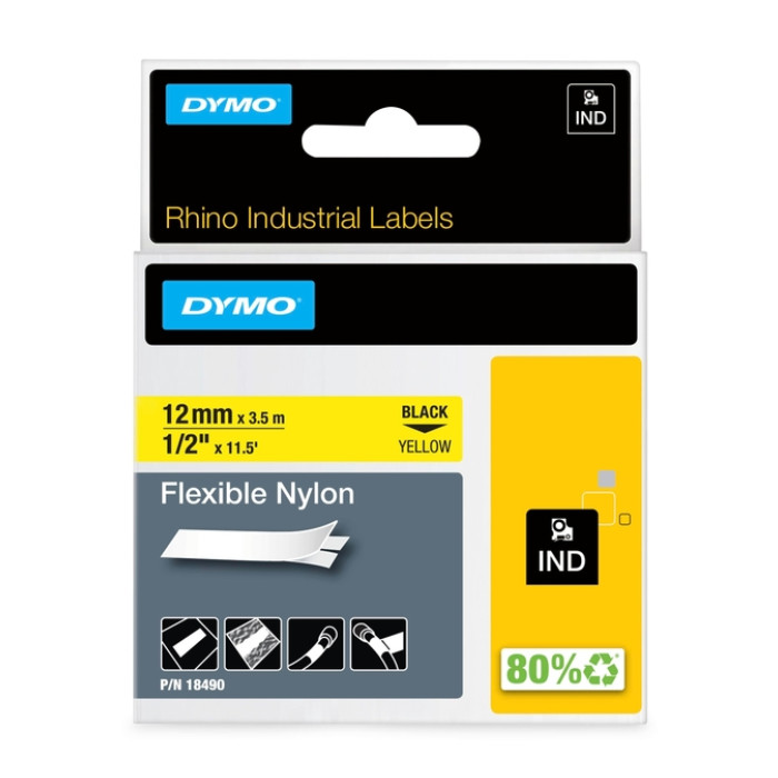 Labeltape Dymo Rhino industrieel nylon 12mm zwart op geel