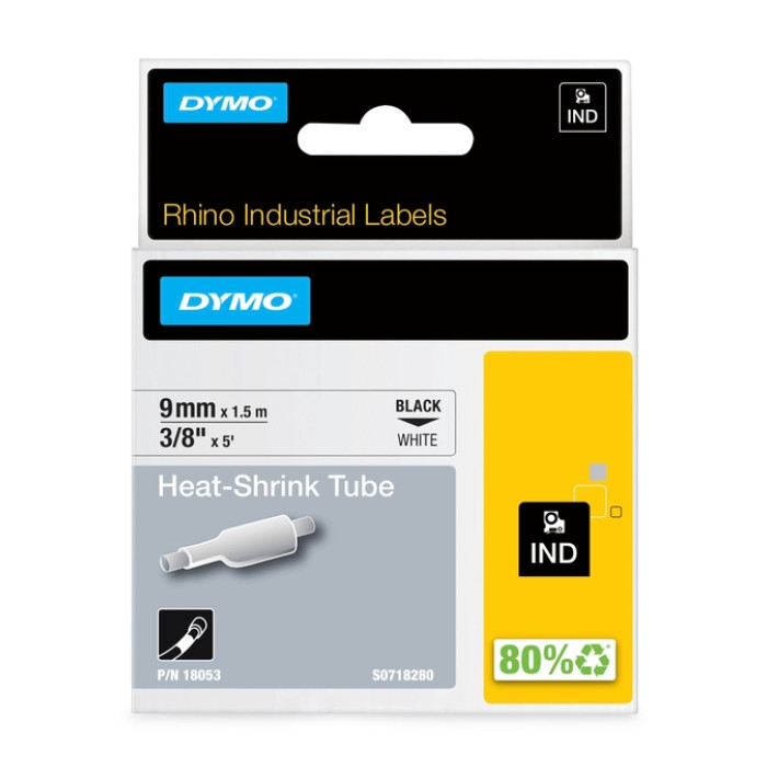 Labeltape Dymo Rhino industrieel krimpkous 9mm zwart op wit