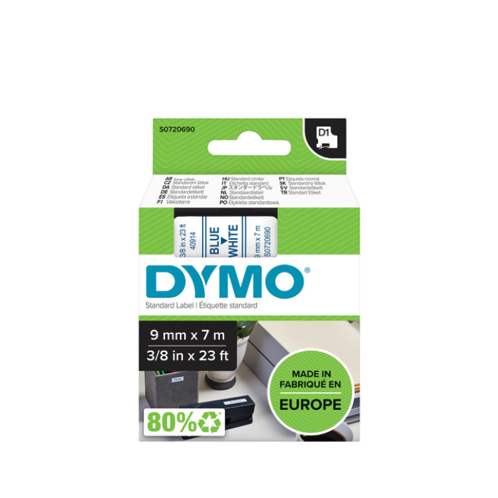Labeltape Dymo LabelManager D1 polyester 9mm blauw op wit