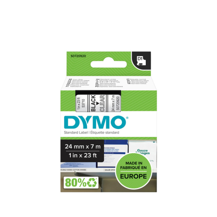 Labeltape Dymo LabelManager D1 polyester 24mm zwart op transparant