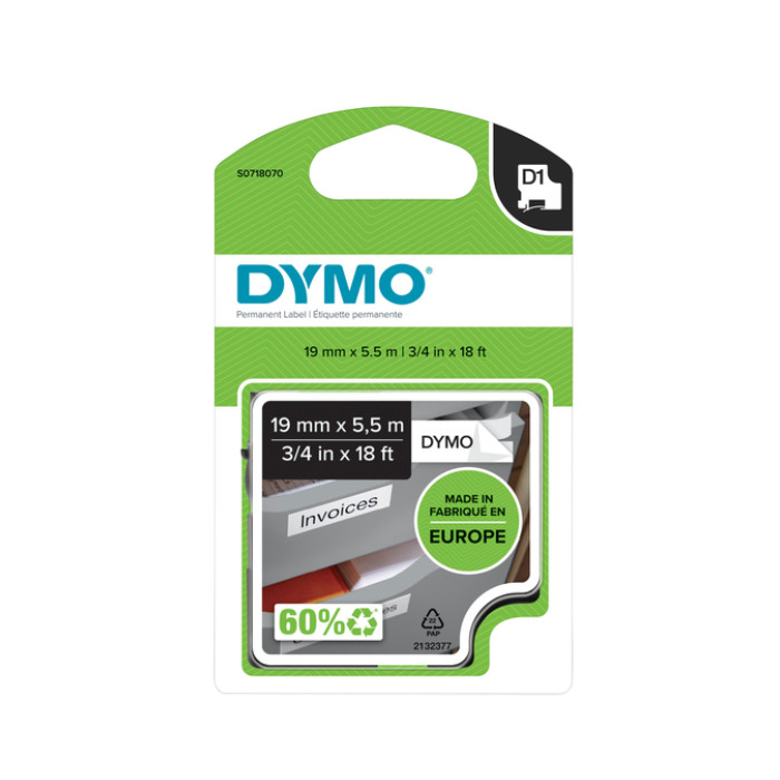 Labeltape Dymo LabelManager D1 polyester 19mmx5,5m zwart op wit