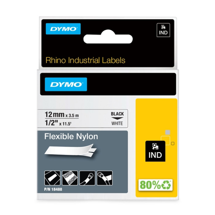 Labeltape Dymo Rhino industrieel nylon 12mm zwart op wit