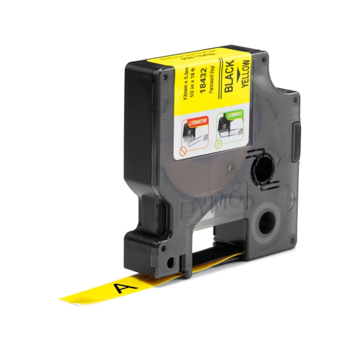 Labeltape Dymo Rhino industrieel vinyl 12mm zwart op geel