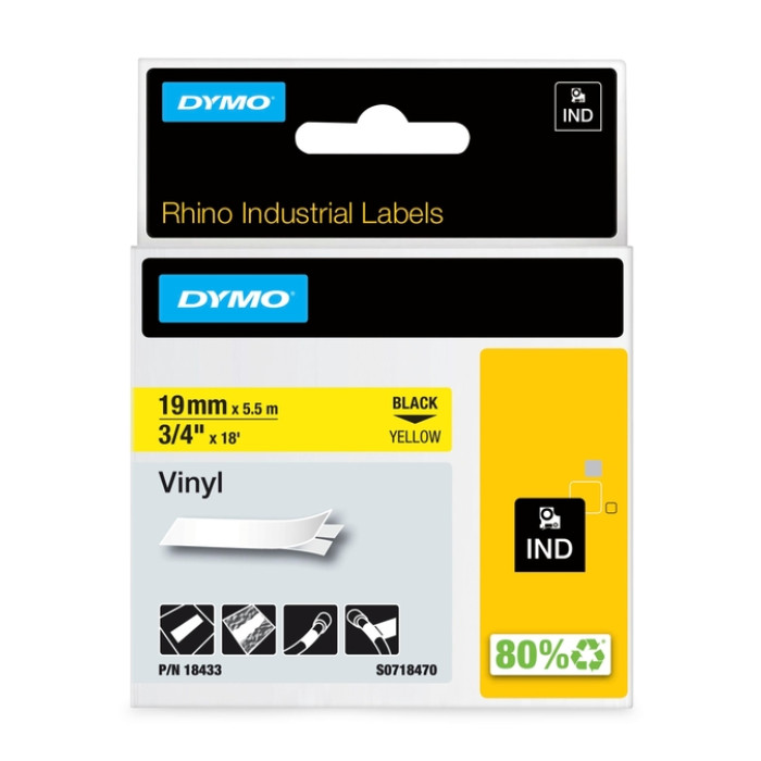 Labeltape Dymo Rhino industrieel vinyl 19mm zwart op geel