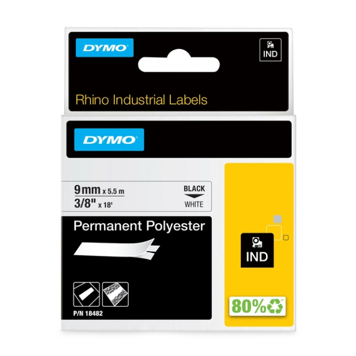 Labeltape Dymo Rhino industrieel polyester 9mm zwart op wit