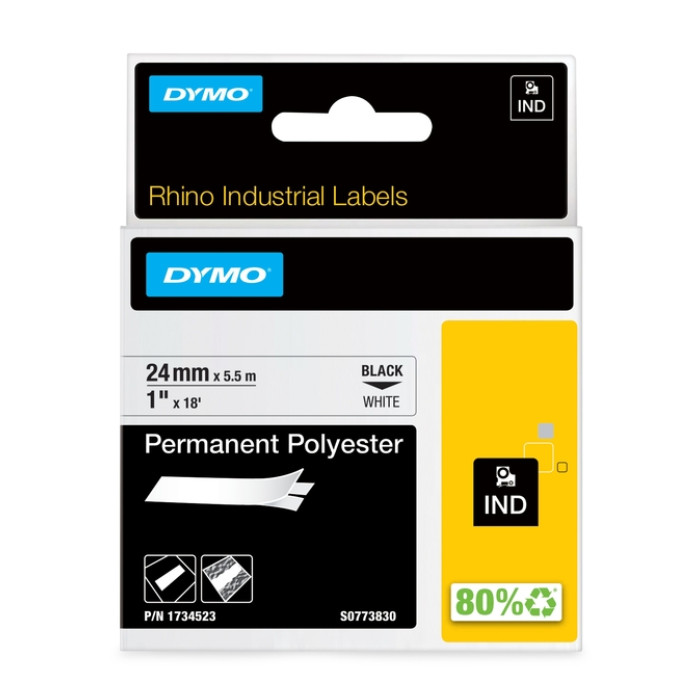 Labeltape Dymo Rhino industrieel polyester 24mm zwart op wit
