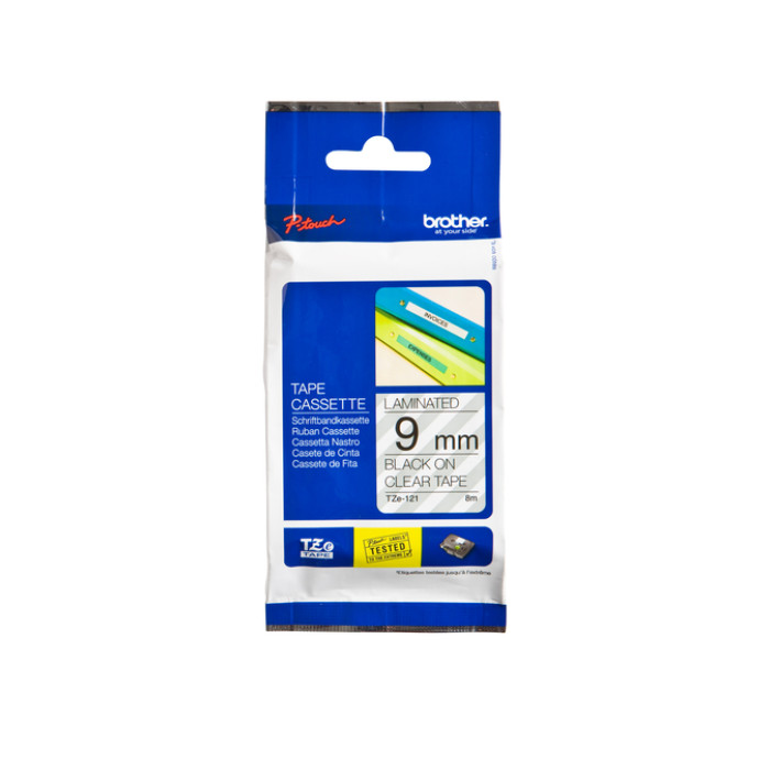 Labeltape Brother P-touch TZe-121 standaard 9mm zwart op transparant
