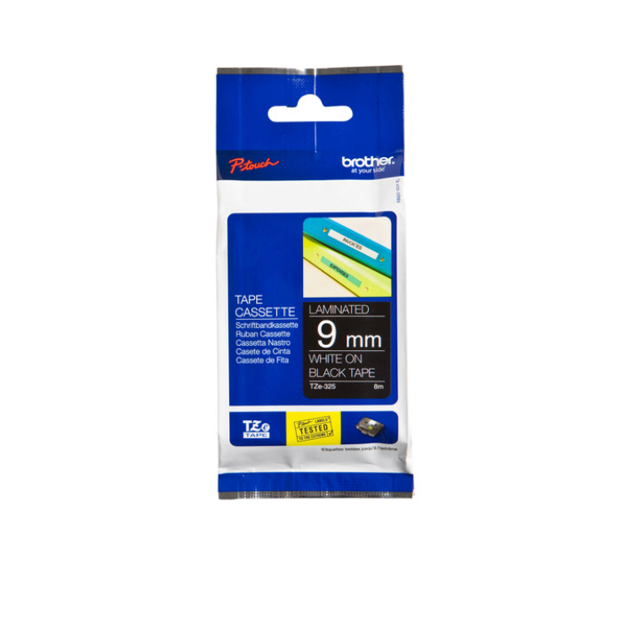 Labeltape Brother P-touch TZe-325 standaard 9mm wit op zwart