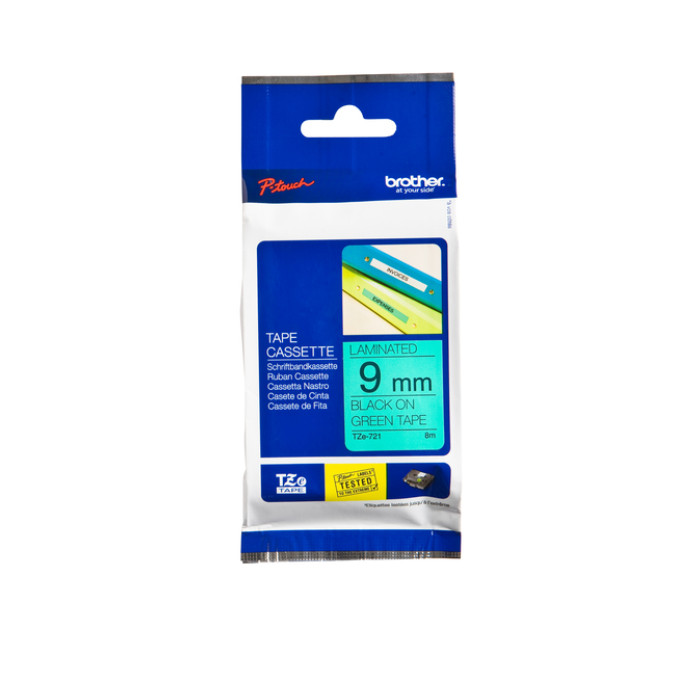 Labeltape Brother P-touch TZe-721 standaard 9mm zwart op groen