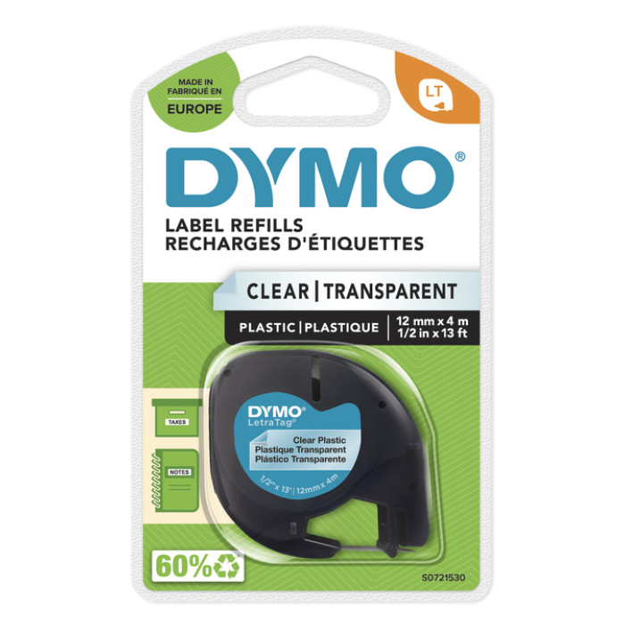 Labeltape Dymo LetraTag plastic 12mm zwart op transparant