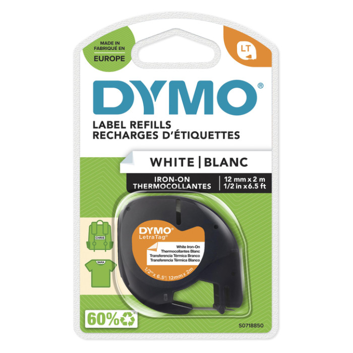Labeltape Dymo LetraTag strijkbaar 12mm zwart op wit