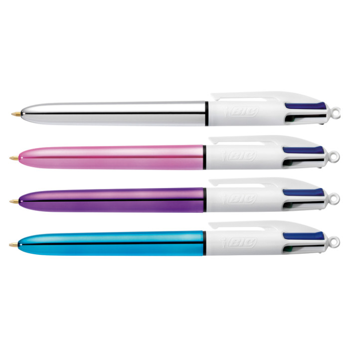 Balpen Bic 4kleuren shine medium zilver/paars/roze/blauw