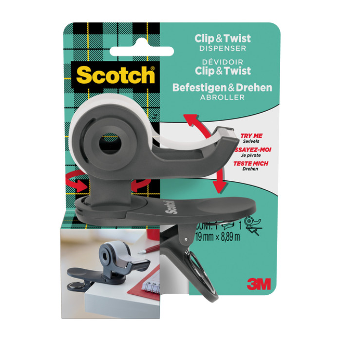 Plakbandhouder Scotch Clip C19 donkergrijs + 1 rol magic tape 19mmx8.89m