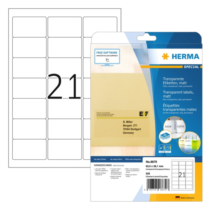 Etiket HERMA 8670 A4 63.5x38.1mm folie transparant mat 525 stuks