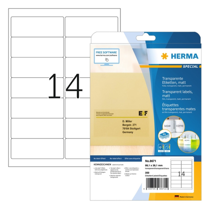Etiket HERMA 8671 A4 99.1x38.1mm folie transparant mat 350 stuks
