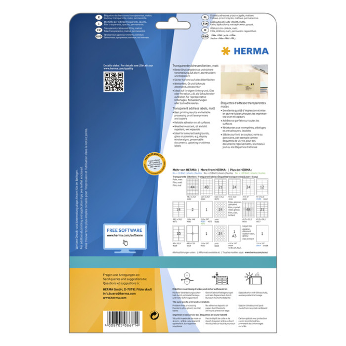 Etiket HERMA 8671 A4 99.1x38.1mm folie transparant mat 350 stuks