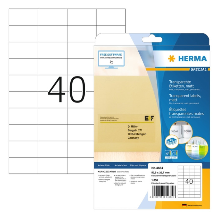Etiket HERMA 4684 52.5x29.7mm A4 folie transparant mat