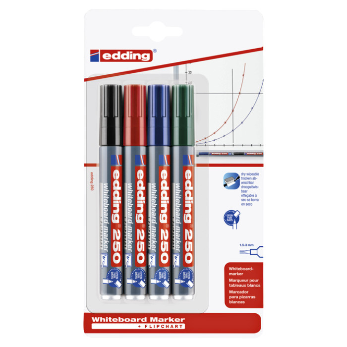 Whiteboardmarker edding 250 rond 1.5-3mm assorti blister à 4 stuks