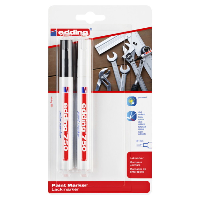 Paintmarker edding 750 op oliebasis 2-4mm wit en zwart blister à 2st