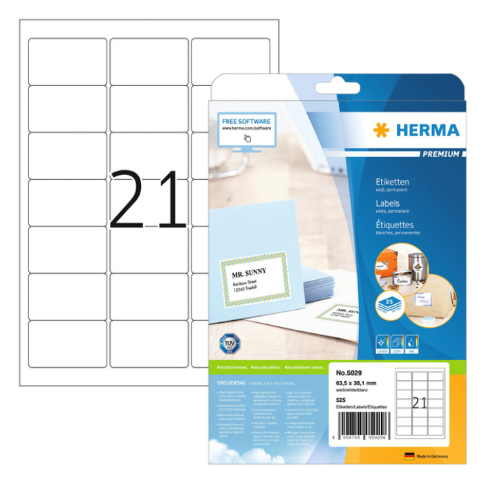 Etiket HERMA 5029 63.5x38.1mm premium wit 525 stuks