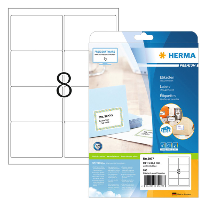 Etiket HERMA 5077 A4 99.1x67.7mm premium wit 200 stuks