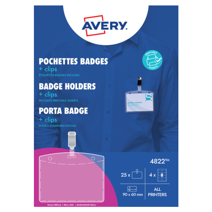 Badge Avery met clip 4822 60x90mm 25 stuks + 32 insteekkaarten