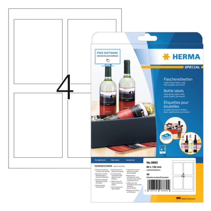 Etiket HERMA flessen 8882 90x120mm A4 glossy wit 40 stuks