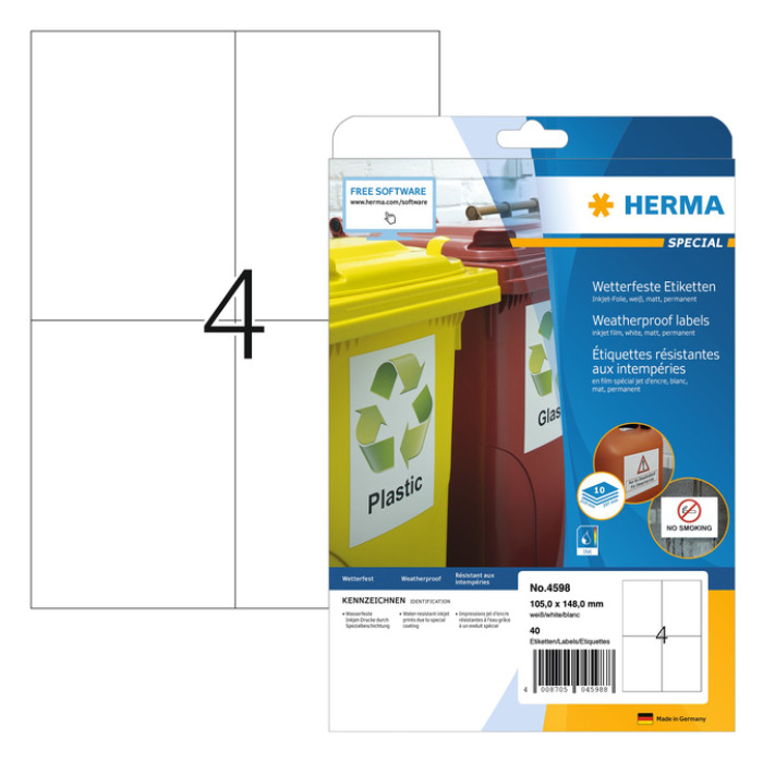 Etiket HERMA 4598 105x148mm folie wit 40 stuks