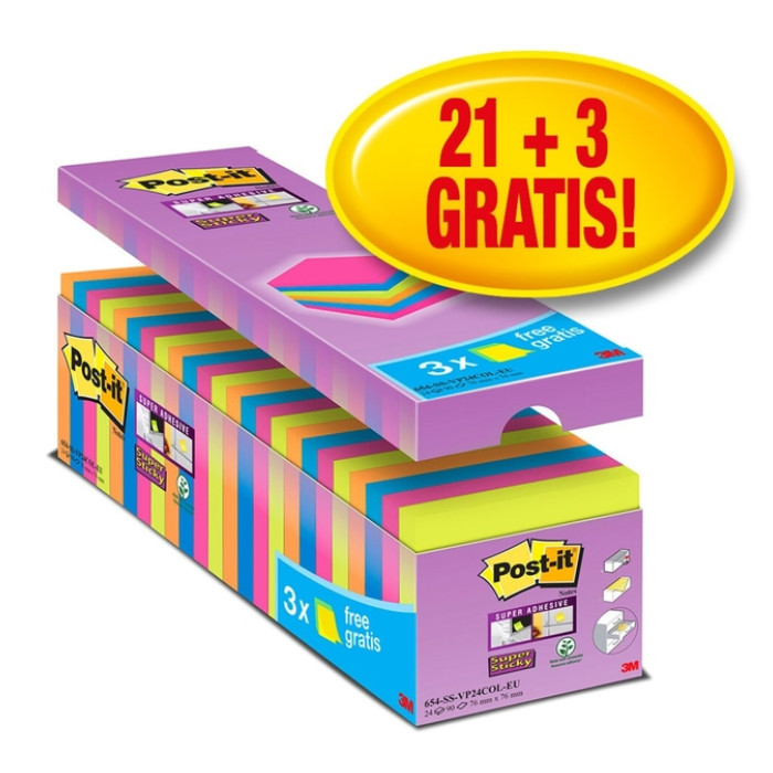 Memoblok Post-it 654 Super Sticky 76x76mm 21+3 gratis assorti