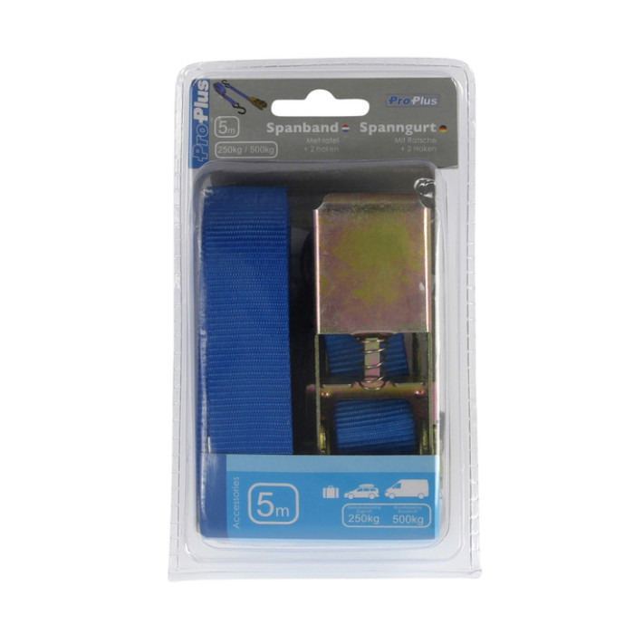 Spanband ProPlus ratel 5 meter met 2 haken blauw
