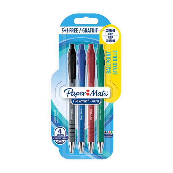 Balpen Paper Mate Flexgrip Ultra medium assorti blister 3+1 gratis