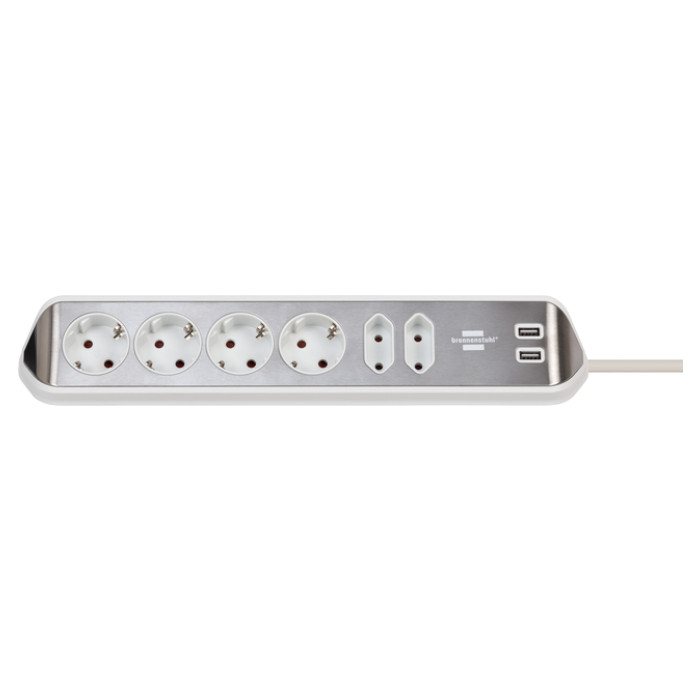 Stekkerdoos Brennenstuhl bureau Estilo 6vdig incl 2 USB 2m wit/zilver