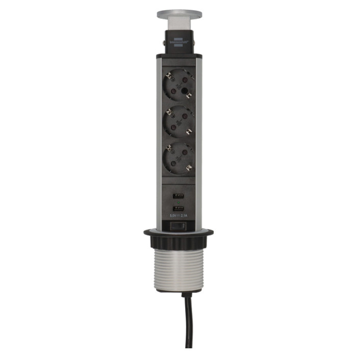 Stekkerdoos Brennenstuhl toren 3vdig incl 2 USB 2 meter zwart/zilver