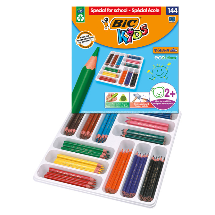 Kleurpotloden BicKids Evolution ecolutions ass schoolbox à 144 stuks