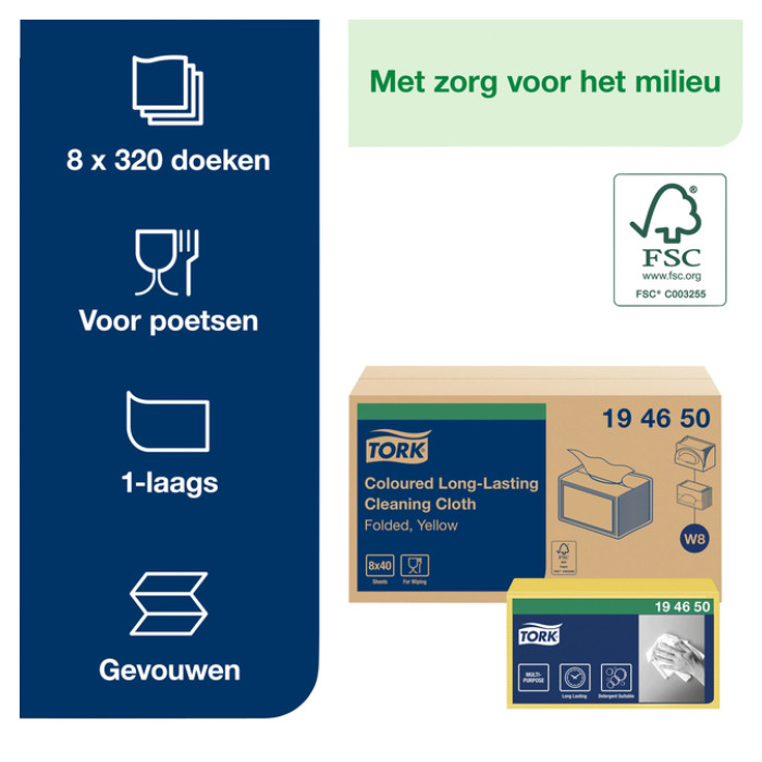 Reinigingsdoek Tork W8 Premium 1-laags 40 vel geel 194650