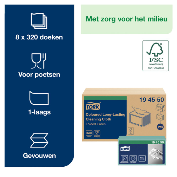 Reinigingsdoek Tork W8 Premium 1-laags 40 vel groen 194550