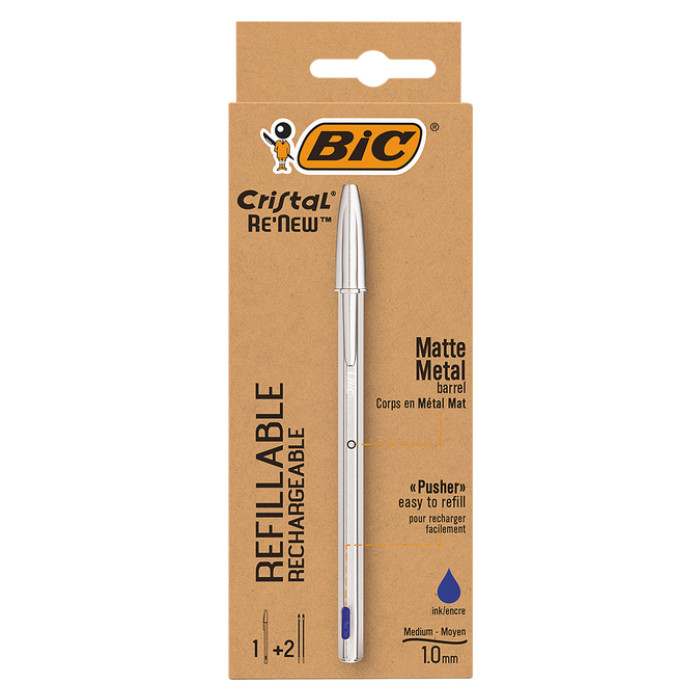 Balpen Bic Cristal Re-new medium zilver + 2 vullingen blauw