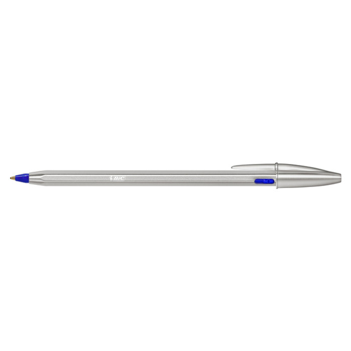 Balpen Bic Cristal Re-new medium zilver + 2 vullingen blauw