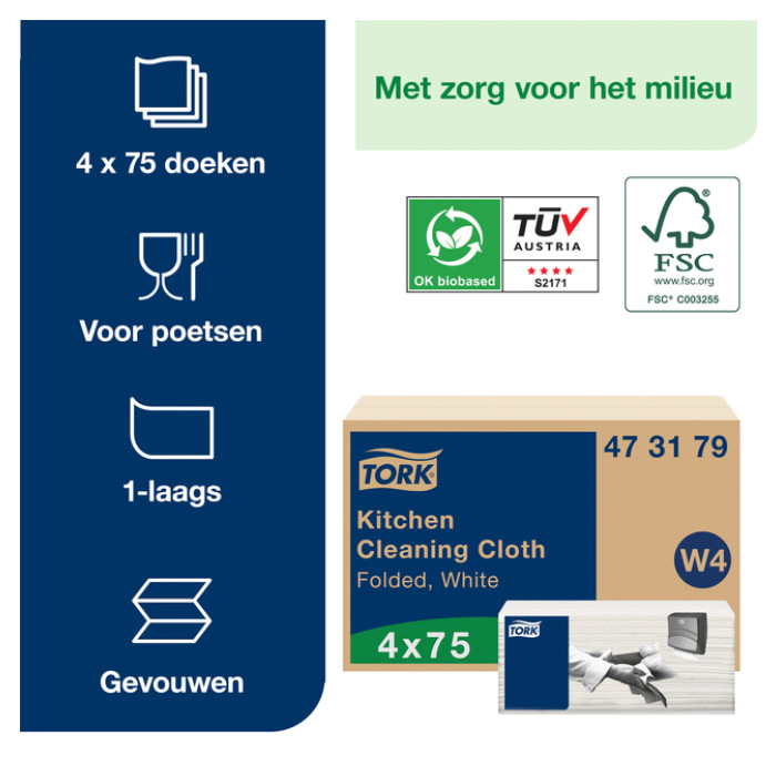 Reinigingsdoek Tork W4 Premium gevouwen 1-laags 4x75 vel wit 473179