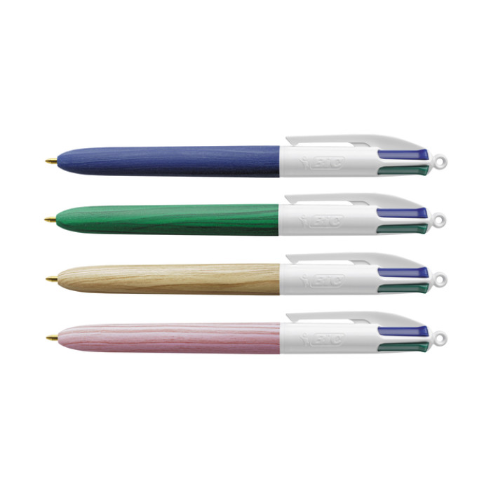 Balpen Bic 4kleuren wood medium assorti