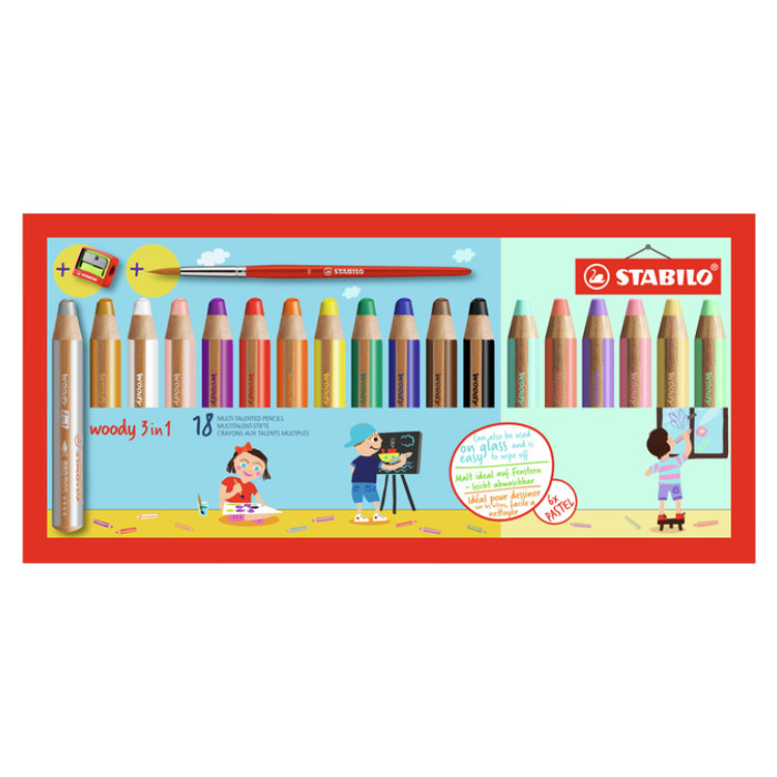 Kleurpotloden STABILO 880 woody 3 in 1 slijper-penseel assorti 18st